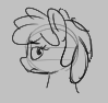 Size: 99x94 | Tagged: safe, artist:firecracker, cherry berry, earth pony, pony, aggie.io, female, frown, looking back, lowres, mare, monochrome, simple background, sketch