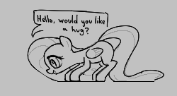 Size: 250x136 | Tagged: safe, fluttershy, pegasus, pony, aggie.io, crouching, female, hug, lowres, mare, monochrome, open mouth, simple background, smiling, talking