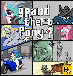 Size: 648x669 | Tagged: safe, artist:firecracker, artist:rhorse, artist:thebatfang, derpy hooves, dj pon-3, lyra heartstrings, pinkie pie, princess celestia, vinyl scratch, oc, oc:anon, oc:filly anon, alicorn, earth pony, pegasus, pony, unicorn, aggie.io, beach, butt, cart, clothes, female, filly, glasses, grand theft auto, gun, looking back, magic, mare, motorcycle, open mouth, panties, plot, sand, simple background, smiling, sucker, tongue out, underwear, water, weapon, whiskers