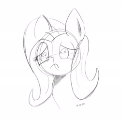 Size: 2048x2048 | Tagged: safe, artist:huodx, fluttershy, pony, female, frown, mare, monochrome, sad, simple background, sketch