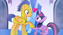 Size: 1280x720 | Tagged: safe, artist:mlplary6, imported from derpibooru, flash sentry, twilight sparkle, alicorn, pegasus, pony, armor, blushing, duo, duo male and female, female, flashlight, heart, holding hooves, looking at each other, looking at someone, male, mare, royal guard, royal guard armor, shipping, stallion, straight, twilight sparkle (alicorn)