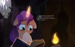 Size: 4096x2591 | Tagged: safe, artist:bearmation, imported from derpibooru, sunny starscout, alicorn, pony, artificial horn, augmented, bittersweet, book, candle, candlelight, crying, female, floppy ears, friendship journal, g5, golden oaks library, high res, hoof over mouth, horn, implied twilight sparkle, magic, magic horn, mare, my little pony: a new generation, race swap, reading, sad, shadow, spider web, sunnycorn, text