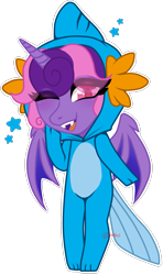 Size: 1677x2826 | Tagged: safe, artist:nekomellow, imported from derpibooru, oc, oc only, oc:cinnamon music, alicorn, anthro, bat pony, bat pony alicorn, mudkip, anthro oc, bat wings, chibi, eye clipping through hair, fangs, fins, high res, horn, multicolored mane, one eye closed, onesie, open mouth, open smile, pink eyes, pokémon, simple background, smiling, solo, stars, tail, transparent background, vampicorn, wings