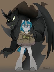 Size: 768x1024 | Tagged: safe, artist:anoraknr, imported from derpibooru, pony of shadows, stygian, anthro, shadow pony, unicorn, clothes, colored hooves, duo, jacket, male, simple background, venom