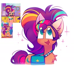 Size: 2000x1809 | Tagged: safe, artist:sidruni, imported from derpibooru, screencap, hitch trailblazer, izzy moonbow, sunny starscout, earth pony, pony, spoiler:g5, spoiler:my little pony: tell your tale, spoiler:tyts01e05, alternate hairstyle, chest fluff, colored pupils, cute, ear fluff, eye clipping through hair, eyebrows, eyebrows visible through hair, freckles, g5, highlights, mane melody, mane stripe sunny, my little pony: tell your tale, open mouth, open smile, ponytail, satchel, screencap reference, signature, simple background, smiling, solo focus, sunnybetes, white background