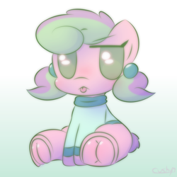 Size: 2000x2000 | Tagged: safe, artist:cushyhoof, imported from derpibooru, oc, oc:yedna letelier, earth pony, pony, :p, blank flank, clothes, cute, female, frog (hoof), gradient background, high res, hoofbutt, hooves, mare, phone drawing, short tail, sitting, solo, sweater, tail, tongue out, unamused, underhoof