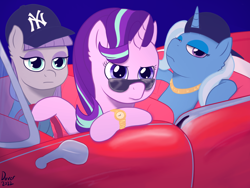 Size: 1600x1200 | Tagged: safe, artist:bigboydover, imported from derpibooru, maud pie, starlight glimmer, trixie, earth pony, pony, unicorn, car, cool, eyeshadow, female, frown, gangster, hat, jewelry, lidded eyes, makeup, mare, signature, sunglasses, swag, the amazing trio of friendship, trio, trio female