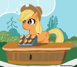 Size: 1335x1152 | Tagged: safe, artist:thatequestriahero, imported from derpibooru, applejack, earth pony, pony, cupcake, food, illustration, solo