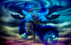 Size: 6000x3873 | Tagged: safe, artist:mauroz, imported from derpibooru, princess luna, human, absurd file size, absurd resolution, anime, breasts, clothes, dark skin, eyebrows, eyebrows visible through hair, floating wings, four wings, gloves, humanized, multiple wings, rain, signature, skull, solo, spread wings, winged humanization, wings