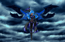 Size: 6000x3873 | Tagged: safe, alternate version, artist:mauroz, imported from derpibooru, princess luna, human, absurd resolution, anime, breasts, clothes, dark skin, eyebrows, eyebrows visible through hair, female, floating wings, four wings, gloves, humanized, multiple wings, signature, solo, spread wings, winged humanization, wings