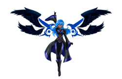 Size: 6000x3873 | Tagged: safe, alternate version, artist:mauroz, imported from derpibooru, princess luna, human, absurd resolution, anime, breasts, clothes, dark skin, eyebrows, eyebrows visible through hair, female, floating wings, four wings, gloves, humanized, multiple wings, signature, simple background, solo, spread wings, transparent background, winged humanization, wings