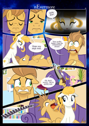 Size: 3259x4607 | Tagged: safe, artist:estories, imported from derpibooru, discord, fluttershy, oc, oc:comet, oc:golden jewel, draconequus, pegasus, phoenix, pony, comic:nevermore, aaaaaaahhhhh, book, bookshelf, comic, couch, cushion, eyes closed, floppy ears, looking at you, looking back, looking back at you, pegasus oc, plant, scared, sitting, speech bubble, unshorn fetlocks