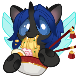 Size: 2000x2000 | Tagged: safe, artist:kez, imported from derpibooru, oc, oc only, oc:swift dawn, changeling, blue changeling, bowl, changeling oc, chopsticks, cute, dexterous hooves, fangs, food, high res, horn, noodles, ramen, ramen face, simple background, solo, transparent background, wings