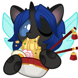 Size: 2000x2000 | Tagged: safe, artist:kez, imported from derpibooru, oc, oc only, oc:swift dawn, changeling, blue changeling, bowl, changeling oc, chopsticks, commission, cute, dexterous hooves, fangs, food, high res, horn, noodles, one eye closed, ramen, ramen face, simple background, solo, transparent background, wings, wink, ych result