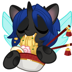 Size: 2000x2000 | Tagged: safe, artist:kez, imported from derpibooru, oc, oc only, oc:swift dawn, changeling, blue changeling, bowl, changeling oc, chopsticks, commission, cute, dexterous hooves, eyes closed, fangs, food, high res, horn, noodles, ramen, ramen face, simple background, solo, transparent background, wings, ych result