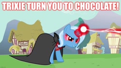 Size: 1280x720 | Tagged: safe, edit, edited screencap, imported from derpibooru, screencap, trixie, pony, unicorn, magic duel, season 3, alicorn amulet, blast, cape, caption, cloak, clothes, dragon ball, dragon ball z, evil trixie, female, frown, glowing, glowing eyes, glowing horn, grammar error, horn, image macro, imgflip, magic, magic blast, majin boo, mare, solo, teeth, text