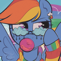 Size: 700x700 | Tagged: safe, artist:corgitheborki, imported from derpibooru, rainbow dash, pegasus, pony, bubblegum, clothes, cutie mark accessory, cutie mark earrings, ear piercing, earring, female, food, glasses, gum, jewelry, mare, piercing, solo, sweater