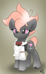 Size: 1000x1600 | Tagged: safe, artist:kingkrail, imported from derpibooru, oc, oc:boozy breath, earth pony, pony, apron, bowtie, clothes, collar, female, filly, foal, glowing, glowing eyes, messy mane, solo, unshorn fetlocks