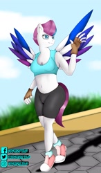 Size: 2039x3500 | Tagged: safe, artist:papery xlp, imported from derpibooru, zipp storm, anthro, pegasus, clothes, compression shorts, female, fingerless gloves, g5, gloves, midriff, shoes, solo, spread wings, wings