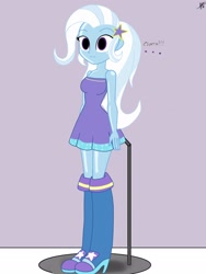 Size: 1536x2048 | Tagged: safe, artist:diegosagiro, imported from derpibooru, trixie, human, equestria girls, assisted exposure, boots, clothes, doll, dollified, dress, female, high heel boots, inanimate tf, shoes, spanish, strapless dress, transformation, undressing