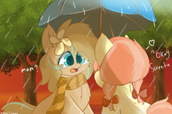 Size: 1600x1065 | Tagged: safe, artist:grithcourage, imported from derpibooru, oc, oc:dreamy creamy, oc:grith courage, earth pony, pony, adorable face, afternoon, clothes, crying, cute, dialogue, duo, duo female, female, flower, flower in hair, mother and child, mother and daughter, rain, scarf, striped scarf, tape, text, tree, umbrella