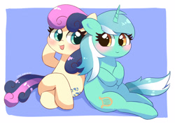 Size: 2676x1909 | Tagged: safe, artist:leo19969525, imported from derpibooru, bon bon, lyra heartstrings, sweetie drops, pony, unicorn, adorabon, blushing, cute, female, happy, lesbian, looking at each other, looking at someone, lyrabetes, lyrabon, open mouth, open smile, shipping, simple background, sitting, smiling, talking