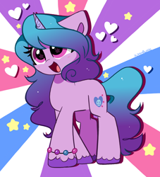 Size: 3896x4296 | Tagged: safe, artist:kittyrosie, imported from derpibooru, izzy moonbow, pony, unicorn, abstract background, absurd resolution, blushing, bracelet, cute, female, g5, happy, heart, izzybetes, jewelry, mare, open mouth, signature, solo, starry eyes, stars, unshorn fetlocks, wingding eyes