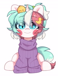 Size: 3106x4096 | Tagged: safe, artist:cottonsweets, imported from derpibooru, oc, oc only, oc:cottonsweets, bird, duck, pony, unicorn, clothes, eye clipping through hair, female, hairpin, horn, looking at you, mare, simple background, sitting, smiling, smiling at you, solo, sweater, white background