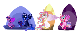 Size: 1280x512 | Tagged: safe, artist:itsvoids, imported from derpibooru, princess cadance, princess celestia, princess flurry heart, princess luna, twilight sparkle, oc, oc:twilight eventide, alicorn, pony, alternate design, baby, baby pony, beard, brown, ear piercing, earring, facial hair, female, filly, foal, horn, horn jewelry, jewelry, lesbian, magical lesbian spawn, mare, missing cutie mark, necklace, offspring, parent:princess luna, parent:twilight sparkle, parents:twiluna, piercing, shipping, simple background, transparent background, twilight sparkle (alicorn), twiluna