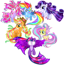 Size: 1280x1280 | Tagged: safe, artist:itsvoids, imported from derpibooru, applejack, fluttershy, pinkie pie, rainbow dash, rarity, twilight sparkle, alicorn, earth pony, pegasus, pony, unicorn, alternate design, bat wings, bow, colored hooves, cowboy hat, ear piercing, earring, female, glowing, glowing eyes, hat, jewelry, mane six, mare, piercing, rainbow power, simple background, spread wings, tail, tail bow, transparent background, twilight sparkle (alicorn), wings