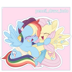 Size: 1080x1080 | Tagged: safe, artist:pencil_draw_indo, imported from derpibooru, fluttershy, rainbow dash, pegasus, pony, aesthetics, bandage, baseball cap, blushing, cap, clothes, cute, daaaaaaaaaaaw, dashabetes, duo, duo female, eyes closed, female, happy, hat, hug, mare, open mouth, scarf, shyabetes