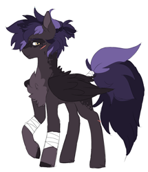 Size: 1852x2157 | Tagged: safe, artist:void-sommar, imported from derpibooru, oc, oc only, pegasus, pony, body markings, chest fluff, colored ears, facial markings, leg wraps, looking at you, offspring, pale belly, parent:dumbbell, parent:rainbow dash, parents:dumbdash, raised hoof, scar, simple background, solo, tail, tail wrap, white background