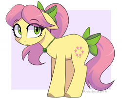 Size: 1280x1039 | Tagged: safe, artist:vale-bandicoot96, imported from derpibooru, earth pony, pony, bow, eye clipping through hair, eyebrows, eyebrows visible through hair, female, frown, g5, hair bow, looking at you, mare, my little pony: tell your tale, not fluttershy, posey bloom, signature, solo, tail, tail bow