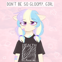 Size: 1161x1169 | Tagged: safe, artist:higgly-chan, imported from derpibooru, oc, oc only, anthro, bandage, clothes, female, frown, health (band), sad, shirt, solo