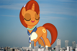 Size: 2048x1370 | Tagged: safe, artist:dashiesparkle, artist:thegiantponyfan, imported from derpibooru, stellar flare, pony, unicorn, coat markings, eyes closed, female, giant pony, giant stellar flare, giant unicorn, giantess, highrise ponies, irl, japan, jewelry, macro, mare, mega giant, necklace, open mouth, pearl necklace, photo, ponies in real life, raised hoof, smiling, socks (coat markings), story included, tokyo