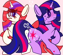 Size: 645x556 | Tagged: safe, artist:cutiesparke, imported from derpibooru, moondancer, twilight sparkle, pony, unicorn, belly fluff, chest fluff, colored pupils, duo, duo female, female, frown, g4, grimace, grin, hooves, horn, looking at each other, looking at someone, mare, mirrored, nervous, nervous grin, palindrome get, pink background, raised hoof, simple background, smiling, sweat, tail, unicorn twilight