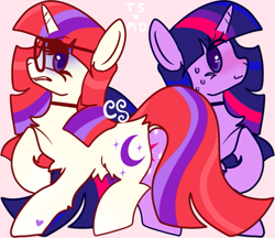 Size: 645x556 | Tagged: safe, alternate version, artist:cutiesparke, imported from derpibooru, moondancer, twilight sparkle, pony, unicorn, alternate versions at source, duo, female, frown, glasses, grimace, grin, looking at each other, looking at someone, mare, mirrored, nervous, nervous grin, pink background, raised hoof, simple background, smiling, sweat, unicorn twilight