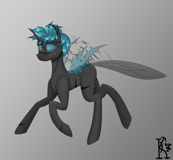 Size: 2600x2400 | Tagged: source needed, safe, artist:kirov, imported from derpibooru, oc, oc only, oc:loshad, changeling, pony, black fur, blue changeling, blue eyes, blue hair, blue wings, compound eyes, horn, hybrid oc, insect wings, scarred, shading, simple background, solo, wings