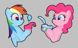 Size: 724x447 | Tagged: artist needed, safe, imported from derpibooru, pinkie pie, rainbow dash, earth pony, pegasus, pony, aggie.io, balloon, cupcake, eating, female, food, mare, simple background, smiling