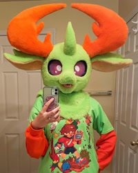 Size: 1440x1796 | Tagged: safe, artist:limeythecheetah, imported from derpibooru, thorax, changedling, changeling, human, cellphone, clothes, cosplay, costume, fursuit, irl, irl human, king thorax, phone, photo, shirt, smartphone