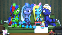 Size: 1920x1080 | Tagged: safe, artist:christian69229, imported from derpibooru, oc, oc only, oc:christian clefnote, oc:cuteamena, oc:electric blue, oc:lulu star moonie, alicorn, earth pony, pegasus, pony, unicorn, 3d, :p, alicorn oc, bow, clothes, commission, controller, couple, double date, earth pony oc, electricute, female, horn, leg warmers, male, mare, nintendo switch, not luna, pegasus oc, pillow, portal, shipping, skirt, smiling, socks, source filmmaker, stallion, striped socks, tongue out, unicorn oc, wings, your character here