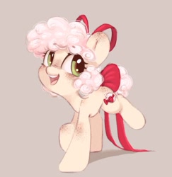 Size: 687x707 | Tagged: safe, artist:melodylibris, imported from derpibooru, oc, oc only, earth pony, pony, bow, female, filly, foal, looking back, mare, open mouth, raised hoof, simple background, smiling