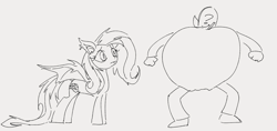 Size: 1172x553 | Tagged: safe, artist:dotkwa, imported from derpibooru, fluttershy, oc, oc:anon, bat pony, human, pony, apple, bat ponified, duo, female, flutterbat, food, grayscale, male, mare, monochrome, race swap, this will end in pain