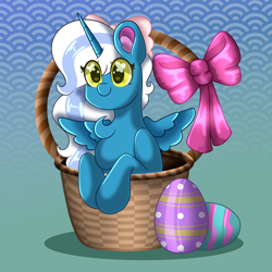 Size: 1524x1522 | Tagged: safe, artist:endergurl22, imported from derpibooru, oc, oc:fleurbelle, alicorn, adorabelle, basket, bow, chest fluff, cute, easter, easter basket, easter egg, female, hair bow, holiday, mare, ocbetes, wingding eyes, yellow eyes