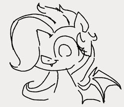Size: 685x591 | Tagged: safe, artist:dotkwa, imported from derpibooru, oc, oc only, oc:efflorescence, bat pony, pegasus, pony, bat pony oc, bat wings, bust, cute, cute little fangs, fangs, female, gray background, grayscale, hair over one eye, mare, monochrome, not flutterbat, simple background, sketch, smiling, solo, spread wings, white background, wings