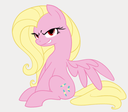 Size: 1008x880 | Tagged: safe, alternate version, artist:dotkwa, imported from derpibooru, fluttershy, oc, oc:shutterfly, pegasus, pony, colored, evil grin, female, flat colors, gray background, grin, mare, not buttershy, palette swap, recolor, simple background, sitting, smiling