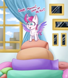 Size: 2006x2275 | Tagged: safe, artist:galaxy swirl, imported from derpibooru, zipp storm, pegasus, pony, spoiler:g5, adorazipp, chest fluff, cushion, cute, female, filly, filly zipp storm, foal, g5, happy, my little pony: a new generation, open mouth, open smile, pillow, smiling, solo, spread wings, unshorn fetlocks, weapons-grade cute, wings, younger