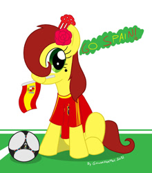 Size: 755x857 | Tagged: safe, artist:gonzahermeg, imported from derpibooru, pony, flag, football, mouth hold, solo, spain, sports