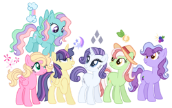 Size: 1280x806 | Tagged: safe, artist:s0ftserve, imported from derpibooru, oc, oc only, oc:apple tart, oc:berry pop, oc:galaxy nova sparklestar, oc:honeysuckle, oc:opal radiance, oc:rainbow skies, alicorn, earth pony, pegasus, pony, unicorn, alicorn oc, base used, earth pony oc, female, hat, horn, mare, next generation, offspring, parent:applejack, parent:big macintosh, parent:fancypants, parent:flash sentry, parent:flim, parent:fluttershy, parent:pinkie pie, parent:pokey pierce, parent:rainbow dash, parent:rarity, parent:twilight sparkle, parent:zephyr breeze, parents:flashlight, parents:flimjack, parents:fluttermac, parents:pokeypie, parents:raripants, parents:zephdash, pegasus oc, simple background, sun hat, transparent background, unicorn oc, wings
