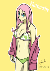 Size: 595x842 | Tagged: safe, artist:helsaabi, imported from derpibooru, fluttershy, human, equestria girls, belly button, bikini, breasts, cleavage, clothes, looking at you, outline, shirt, simple background, solo, swimsuit, white outline, yellow background